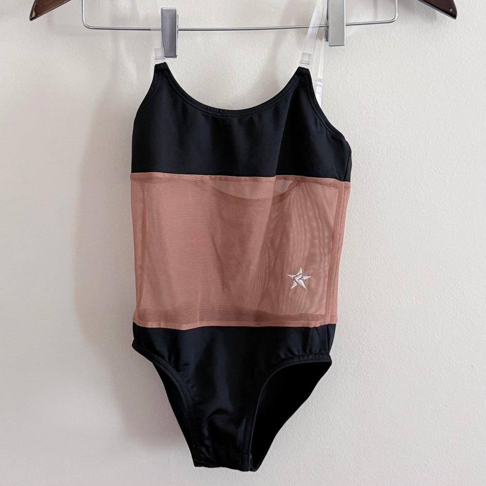 Rebel Athletic Kids Bodysuit Black Medium Skin Tone Mesh Clear Straps Logo YS